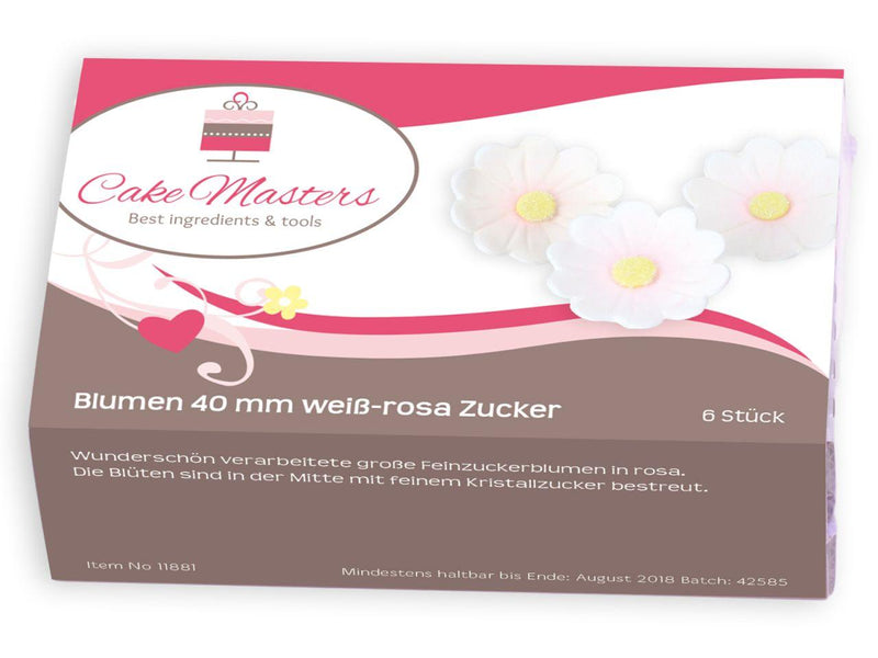 Blumen, 40mm, weiß, rosa, Zucker, 6 Stück - Tortendekoshop