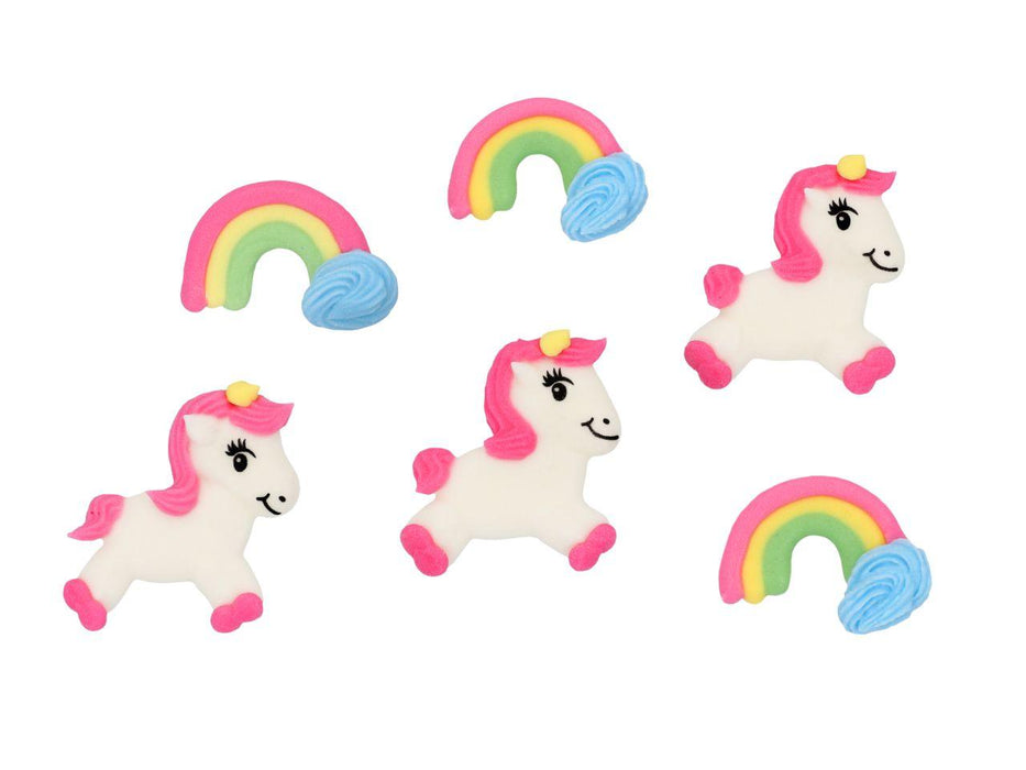 Einhorn Regenbogen flach Zucker-Set, 6 Stück - Tortendekoshop