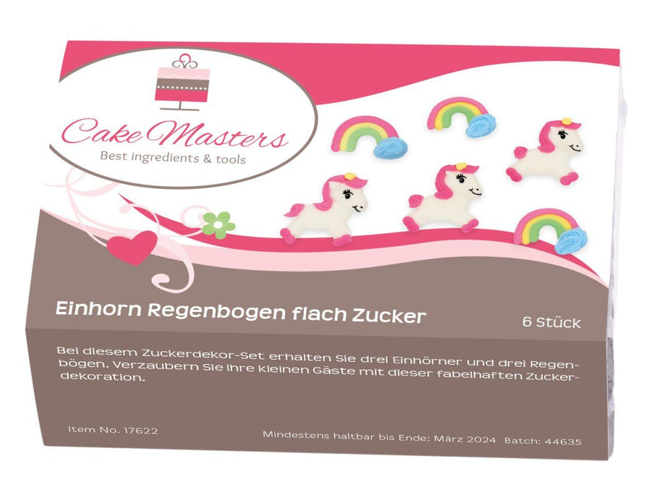 Einhorn Regenbogen flach Zucker-Set, 6 Stück - Tortendekoshop