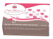 Herzen mit Motiven weiß-rosa Zucker, 24 Stück - Tortendekoshop