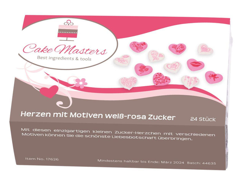 Herzen mit Motiven weiß-rosa Zucker, 24 Stück - Tortendekoshop