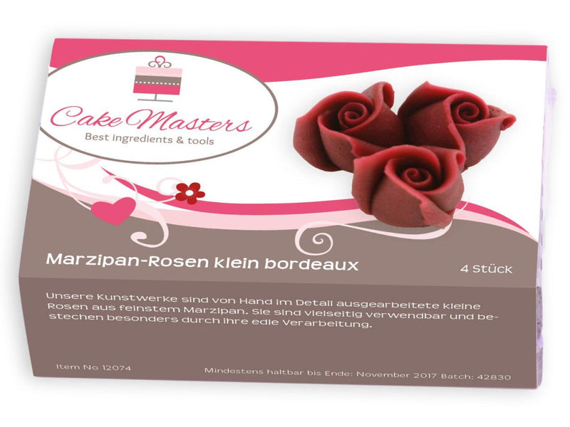 Marzipan Rosen klein bordeaux, 4 Stück - Tortendekoshop
