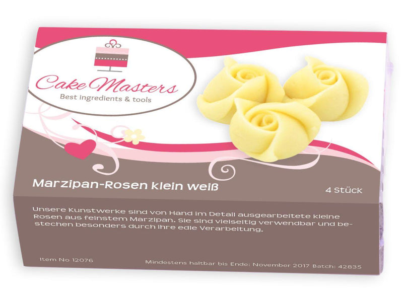 Marzipan Rosen klein weiß, 4 Stück - Tortendekoshop