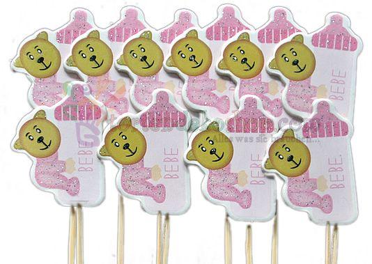 Rosa Babyschoppen mit Bär Kuchen Topper, Cupcake Picks - Tortendekoshop