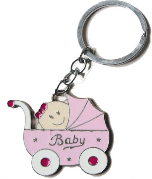 Rosa Babywagen mit Baby Schlüsselanhänger - Tortendekoshop