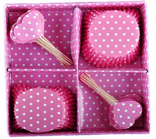 Rosa gepunktet Cupcake, Muffinförmchen Set - Tortendekoshop