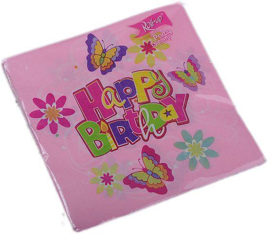 Rosa Happy Birthday Servietten mit Schmetterling - Tortendekoshop