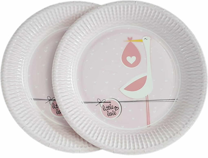 Rosa Storch mit Baby Party Pappteller - Tortendekoshop