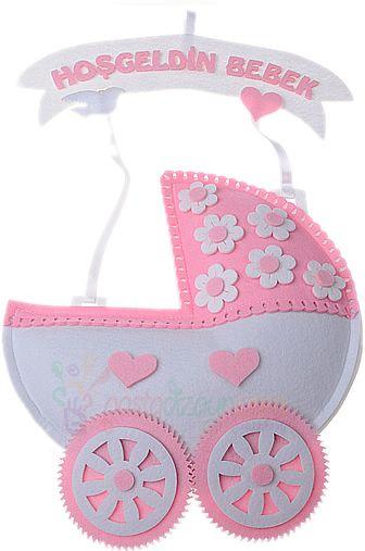 Rosa Tür Deko Kinderwagen aus Filz - Tortendekoshop