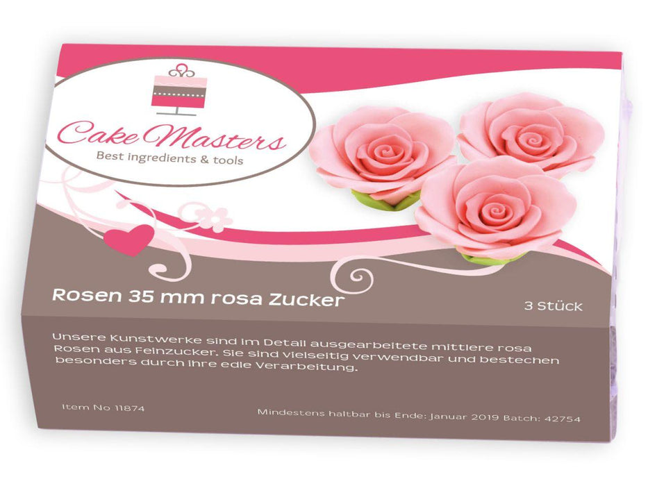 Rosen 35mm rosa Zucker, 3 Stück - Tortendekoshop