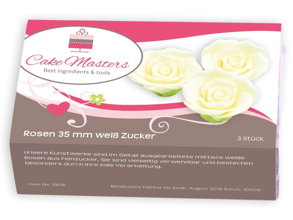 Rosen 35mm weiß Zucker, 3 Stück - Tortendekoshop