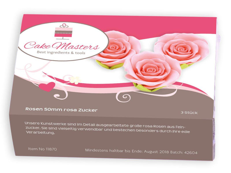 Rosen 50mm rosa Zucker, 3 Stück - Tortendekoshop