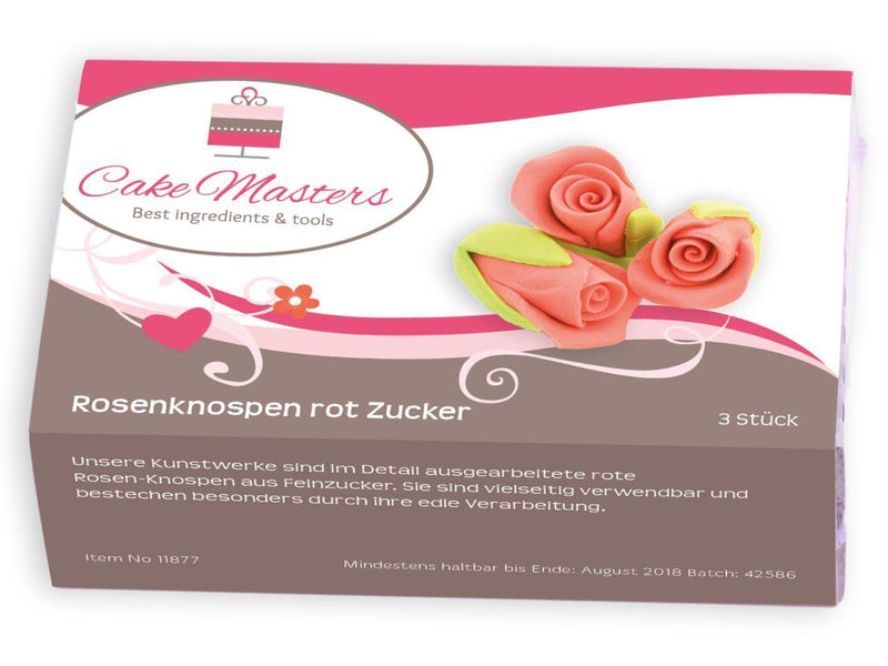 Rosenknospen rot Zucker, 3 Stück - Tortendekoshop