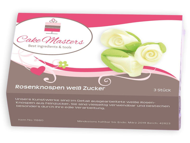 Rosenknospen weiß Zucker, 3 Stück - Tortendekoshop