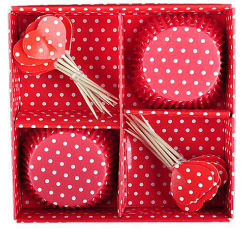 Rot gepunktet Cupcake, Muffinförmchen Set - Tortendekoshop